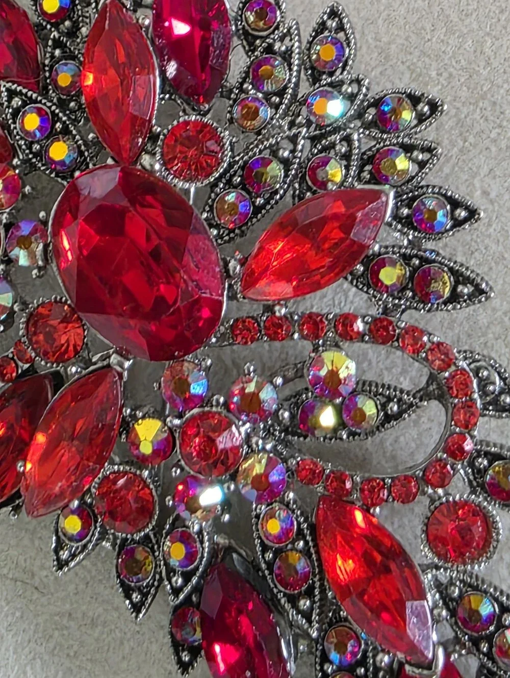 Vintage Style Ruby Red AB Rhinestone Floral Brooch Pin | Large Statement Pin